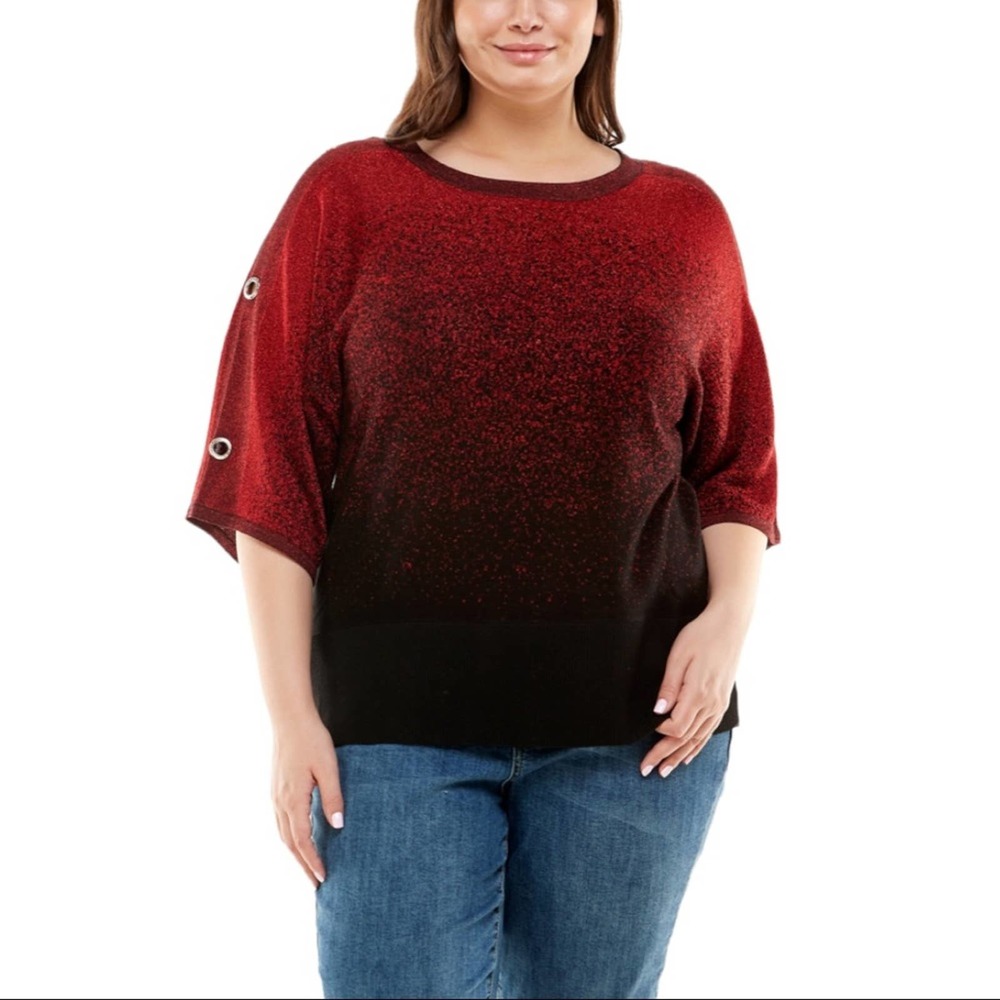 ADRIENNE VITTADINI | Red Black Metallic Dolman Elbow Sleeve Sweater w/ Grommets
